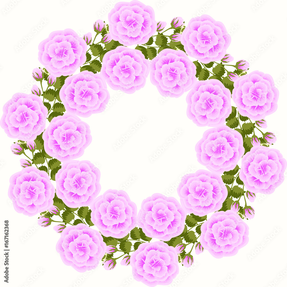 Floral round frames from cute flowers. Vector greeting card template. Design artwork for the poster, tee shirt, pillow, home decor. Summer flowers with green leaves.