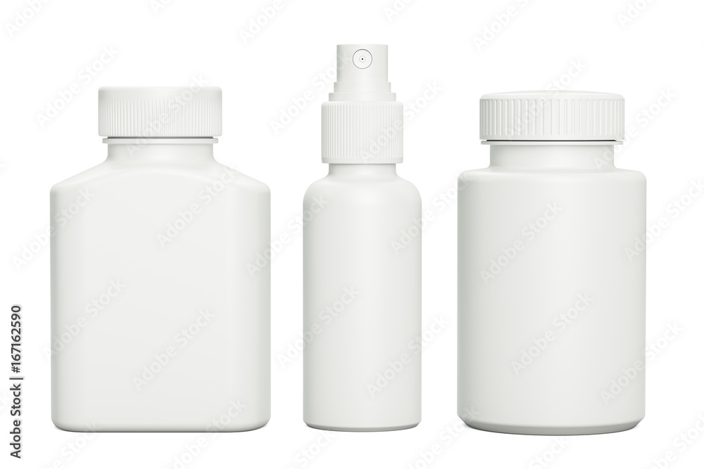 Blank template medical packaging for pill and liquid medication. Spray bottle, containers for drugs, medicine jars with cap, 3D rendering