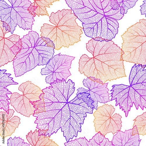 Vector seamless pattern with hand drawn grape textured leaves on white backgr...