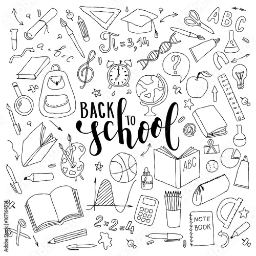 big set of hand drawn doodle welcome back to school with lettering. Hand drawn calligraphy and brush pen lettering phrase back to school