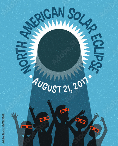 people celebrate watching the solar eclipse with protective glasses. vector banner, card or poster illustration.