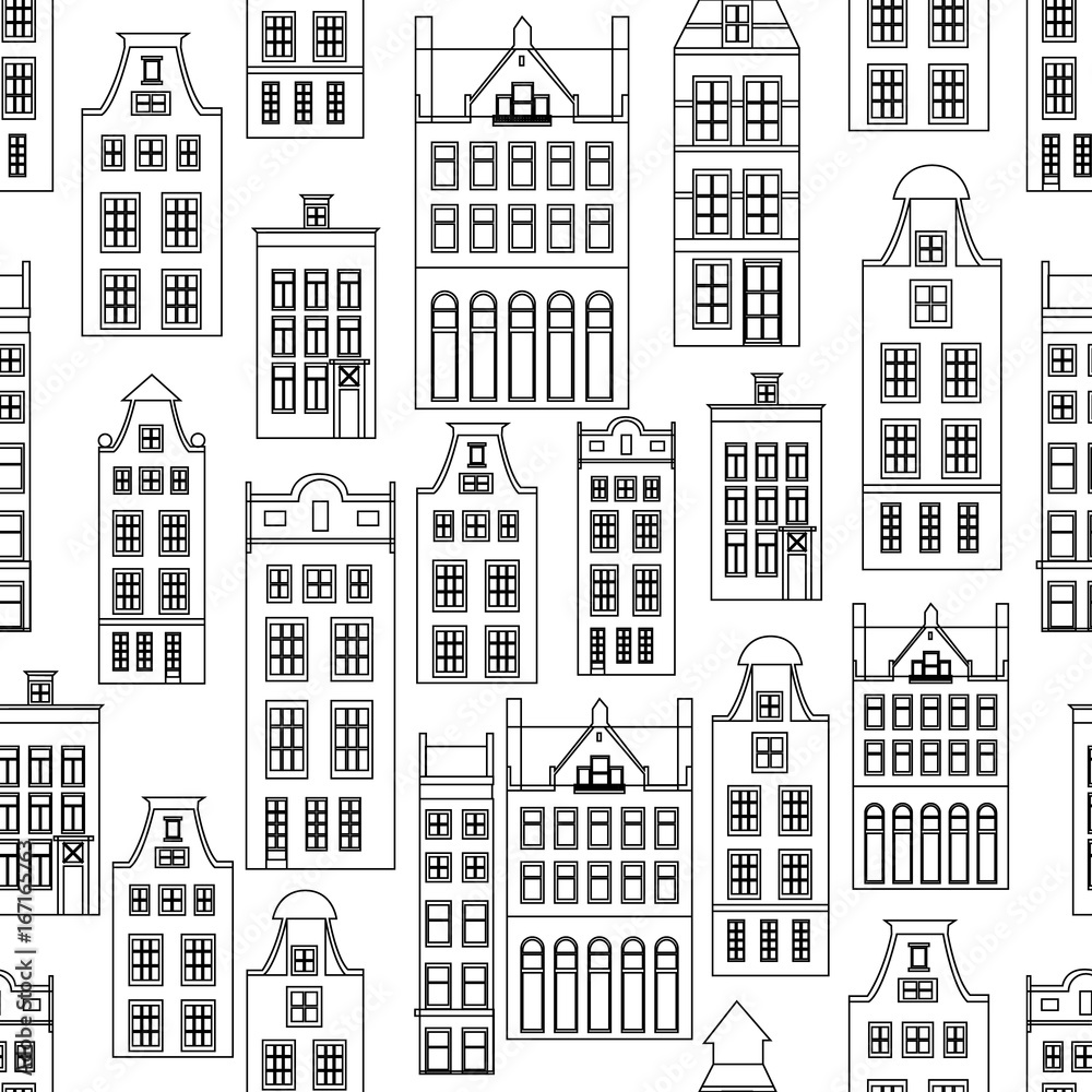 Seamless pattern with Amsterdam houses outline
