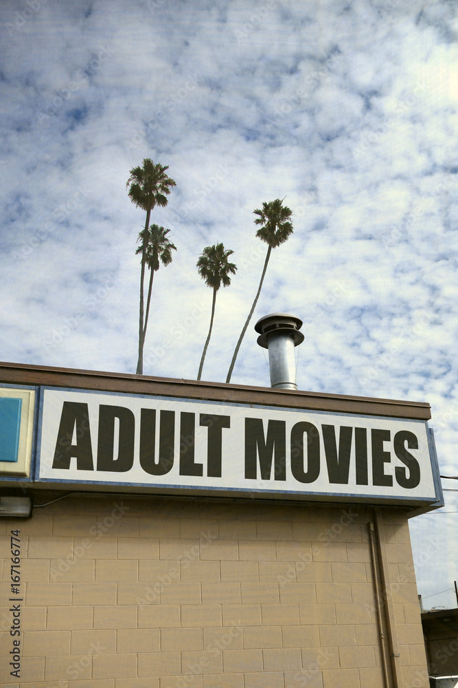 old adult movie sign with palm trees