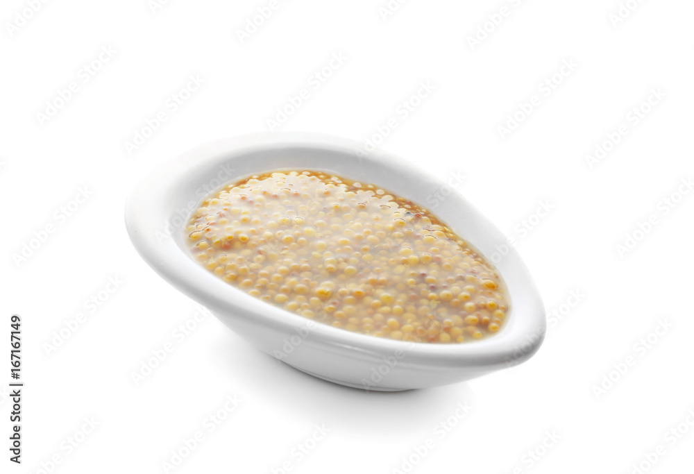 Bowl of delicious Dijon mustard sauce on white background Bowl of delicious Dijon mustard sauce on white background