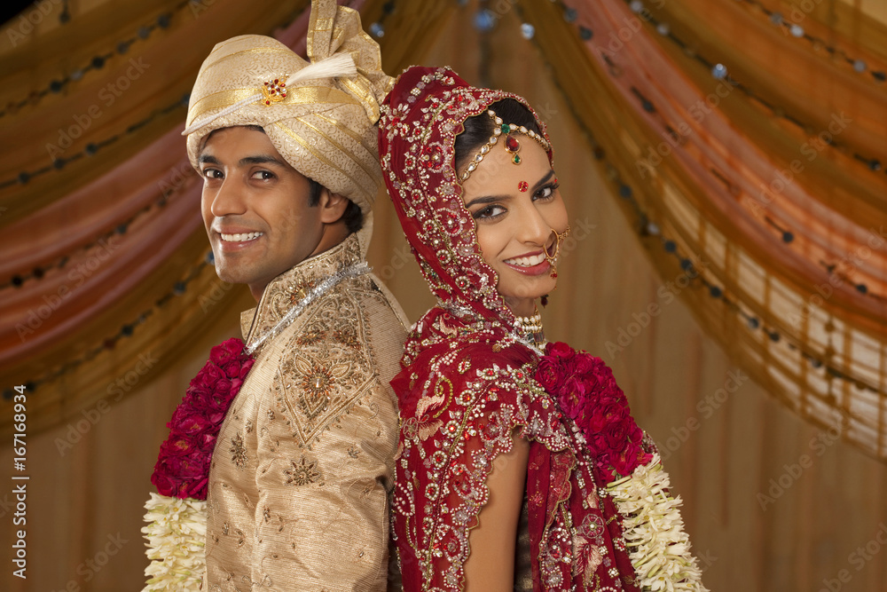 Portrait of newly married Indian couple Stock Photo
