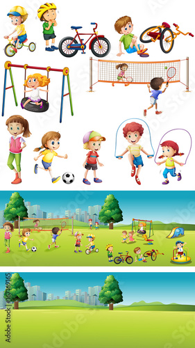 Park scenes with kids playing sports