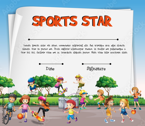 Sports star certificate template with kids playing sports