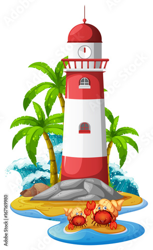 Lighthouse and hermit crabs on beach