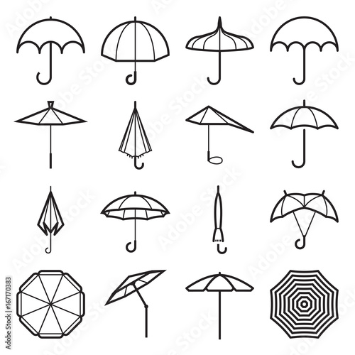 Umbrella icons. Collection of line symbols isolated on a white background. Vector editable stroke