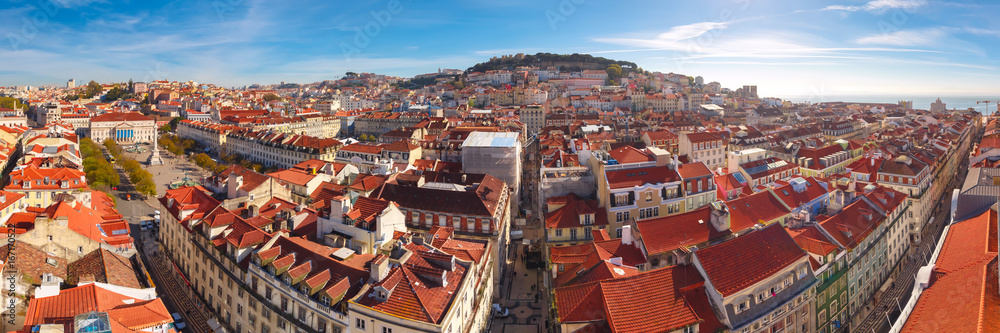 Aerial panoramic view of Castle of Sao Jorge and the historical centre of Lisbon on the sunny afternoon, Lisbon, Portugal