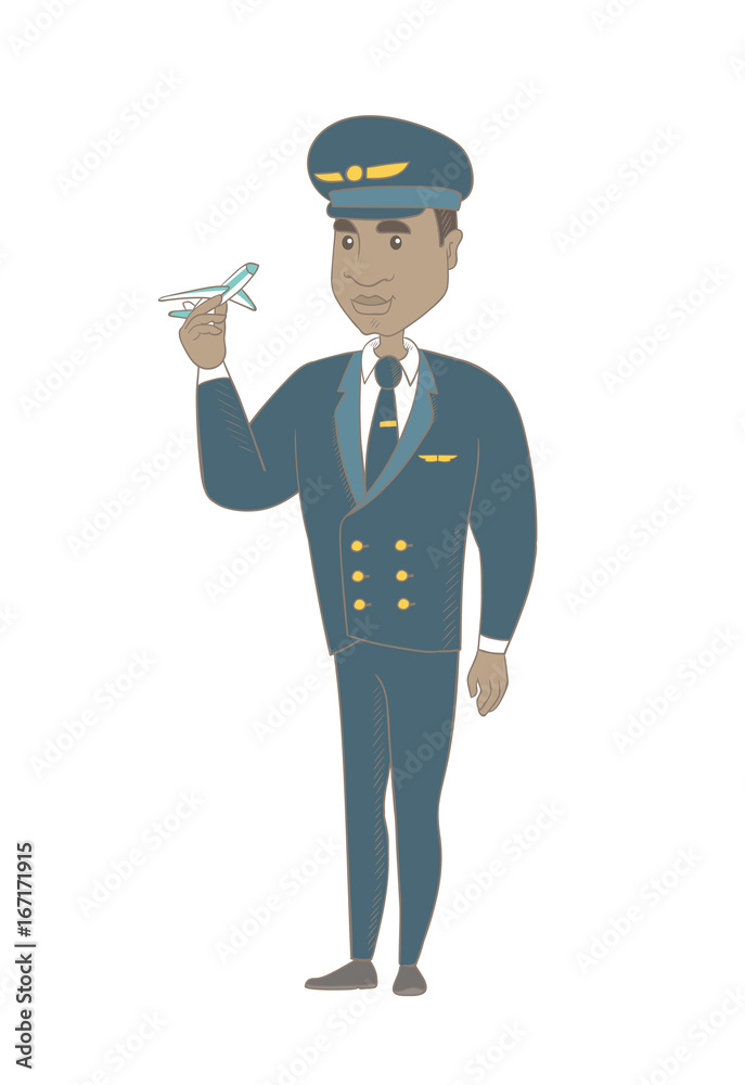 Young african-american airplane pilot holding the model of airplane in hand. Full length of pilot in uniform with the model of airplane. Vector sketch cartoon illustration isolated on white background