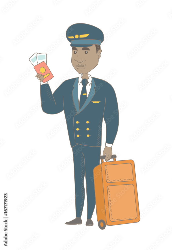 Young african steward in uniform showing passport and airplane ticket. Steward holding passport with airplane ticket and suitcase. Vector sketch cartoon illustration isolated on white background. Young african steward in uniform showing passport and airplane ticket. Steward holding passport with airplane ticket and suitcase. Vector sketch cartoon illustration isolated on white background.