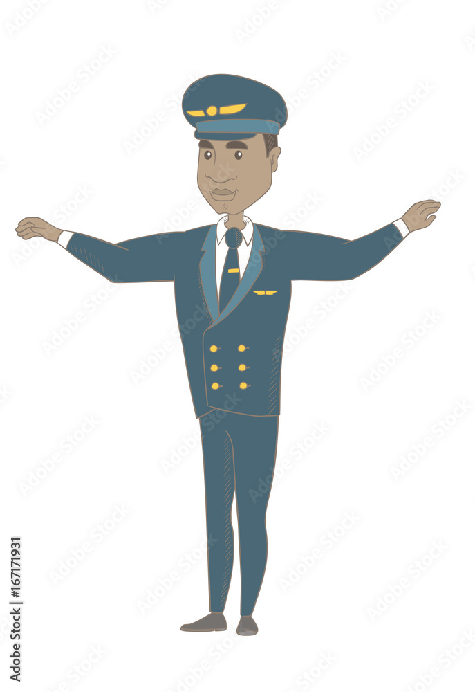 Young african airplane pilot with arms outstretched. Full length of happy pilot in uniform gesturing his outstretched arms as a plane. Vector sketch cartoon illustration isolated on white background