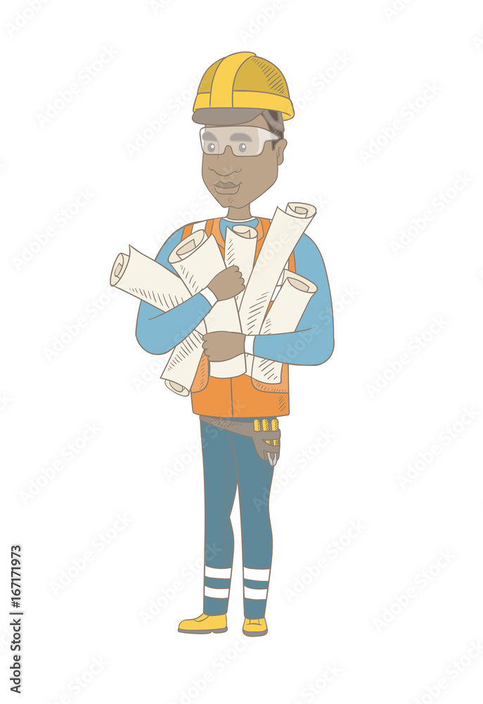Young african-american engineer in hard hat holding many twisted blueprints. Vector sketch cartoon illustration isolated on white background. Young african-american engineer in hard hat holding many twisted blueprints. Vector sketch cartoon illustration isolated on white background.