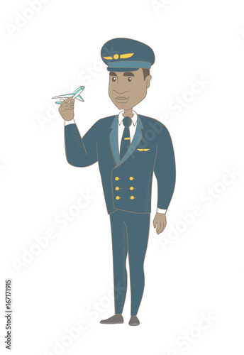 Young african-american airplane pilot holding the model of airplane in hand. Full length of pilot in uniform with the model of airplane. Vector sketch cartoon illustration isolated on white background