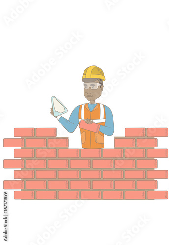 African-american bricklayer in uniform and hard hat. Young bicklayer working with spatula and brick. Bricklayer building brick wall. Vector sketch cartoon illustration isolated on white background.