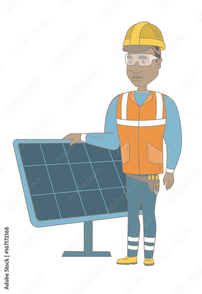 Young african worker of solar power plant. Engineer checking solar panel setup. Engineer standing on the background of solar panel. Vector sketch cartoon illustration isolated on white background. Young african worker of solar power plant. Engineer checking solar panel setup. Engineer standing on the background of solar panel. Vector sketch cartoon illustration isolated on white background.