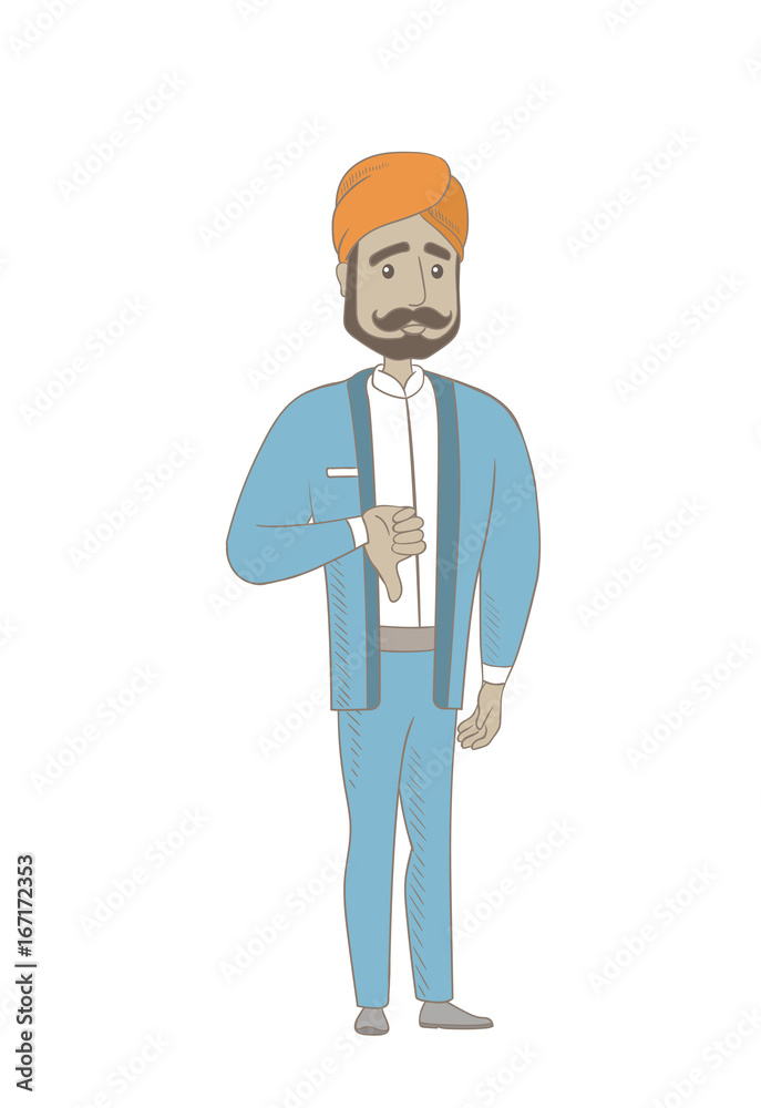 Disappointed hindu businessman with thumb down. Full length of businessman showing his disagree by thumb down. Vector sketch cartoon illustration isolated on white background. Disappointed hindu businessman with thumb down. Full length of businessman showing his disagree by thumb down. Vector sketch cartoon illustration isolated on white background.