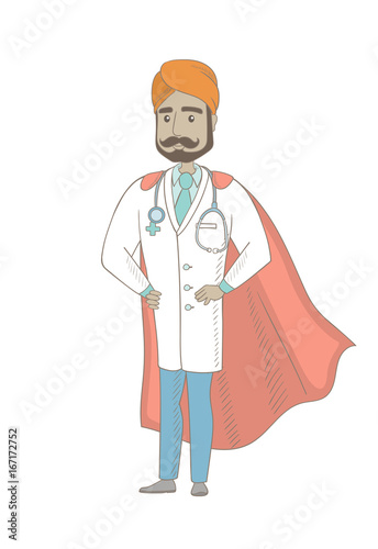Young indian doctor wearing a red superhero cloak. Full length of successful doctor dressed as a superhero in a red cloak. Vector sketch cartoon illustration isolated on white background.