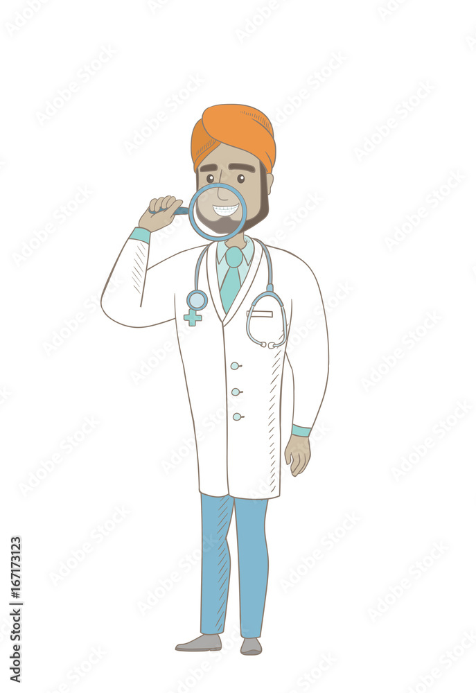 Indian dentist examining teeth with a magnifier. Young dentist holding magnifying glass in front of teeth. Teeth examining concept. Vector sketch cartoon illustration isolated on white background. Indian dentist examining teeth with a magnifier. Young dentist holding magnifying glass in front of teeth. Teeth examining concept. Vector sketch cartoon illustration isolated on white background.