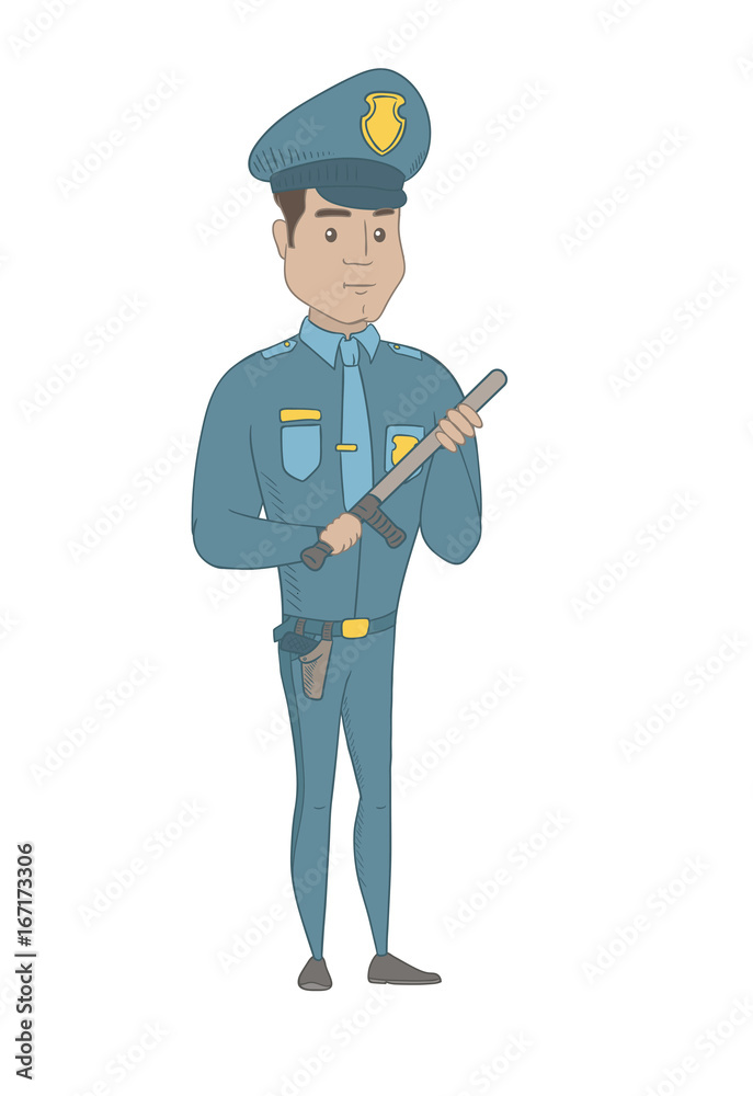 Hispanic policeman wearing blue uniform and holding a baton in hand
