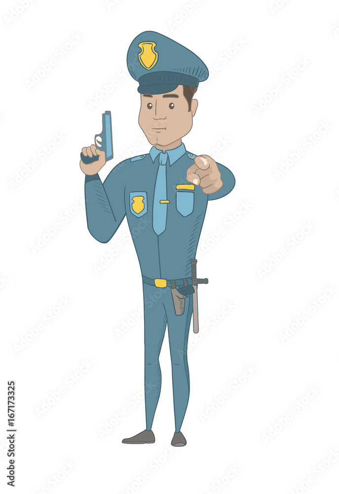 Hispanic policeman holding handgun ready for use and pointing finger at you. Full length of young serious policeman posing with handgun. Vector sketch cartoon illustration isolated on white background Hispanic policeman holding handgun ready for use and pointing finger at you. Full length of young serious policeman posing with handgun. Vector sketch cartoon illustration isolated on white background