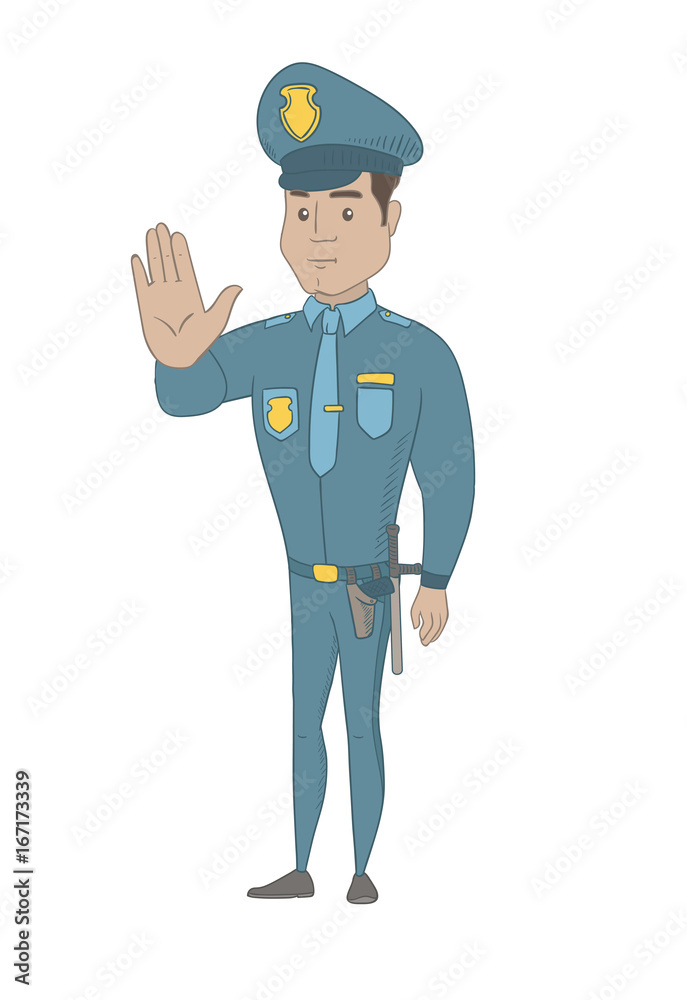 Hispanic traffic policeman showing stop hand gesture.Young traffic policeman doing stop gesture. Traffic policeman with stop gesture. Vector sketch cartoon illustration isolated on white background.