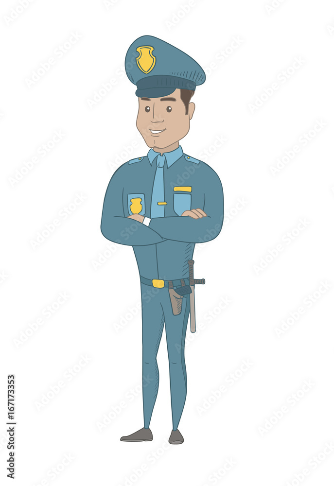 Hispanic confident smiling policeman in uniform standing with folded arms. Full length of young confident policeman with folded arms. Vector sketch cartoon illustration isolated on white background.