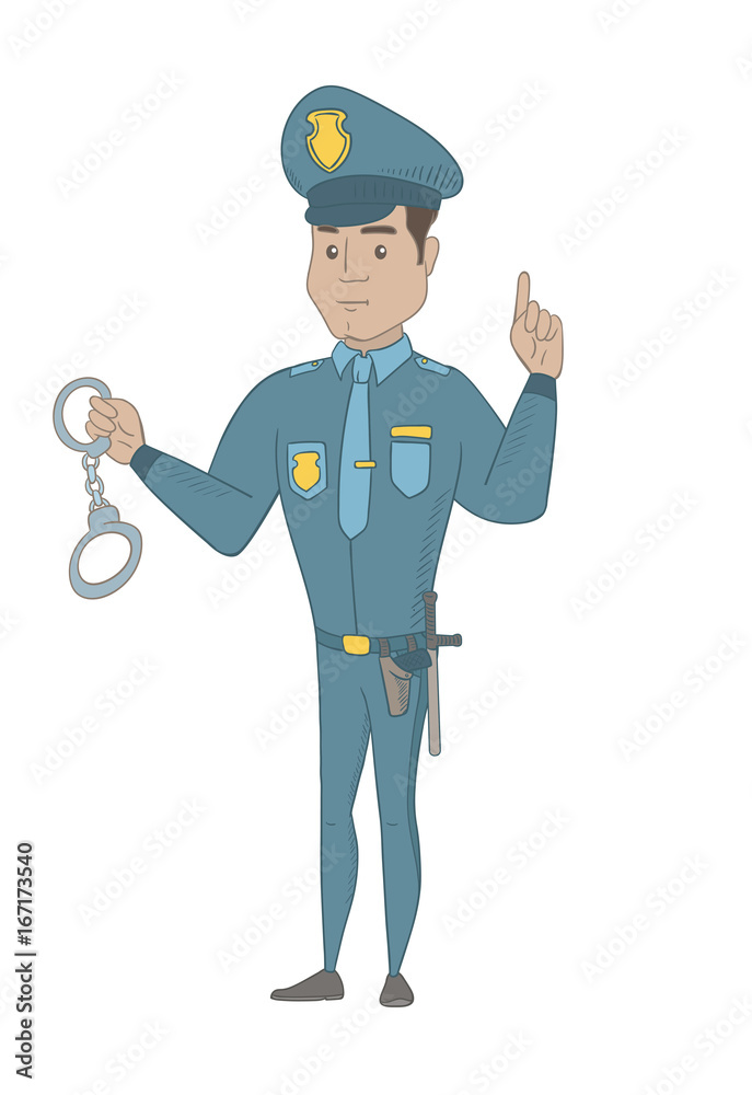 Hispanic policeman holding handcuffs and pointing his finger up. Full length of young policeman with finger pointing up. Vector sketch cartoon illustration isolated on white background.