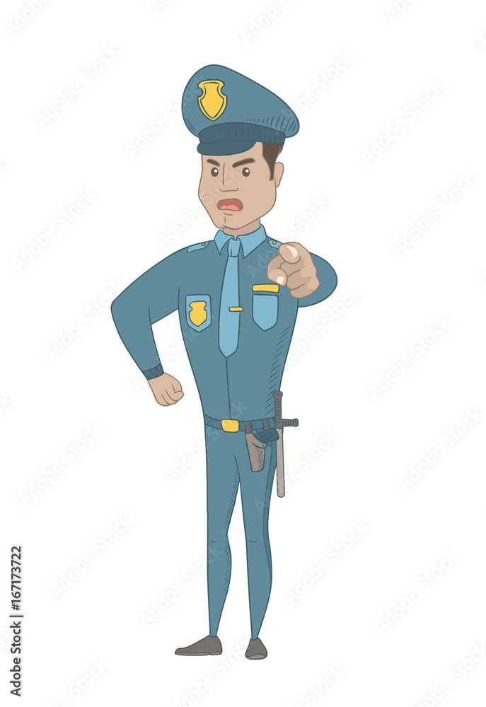 Young hispanic serious police officer in uniform showing on you. Full length of angry police officer pointing at you with a finger. Vector sketch cartoon illustration isolated on white background.