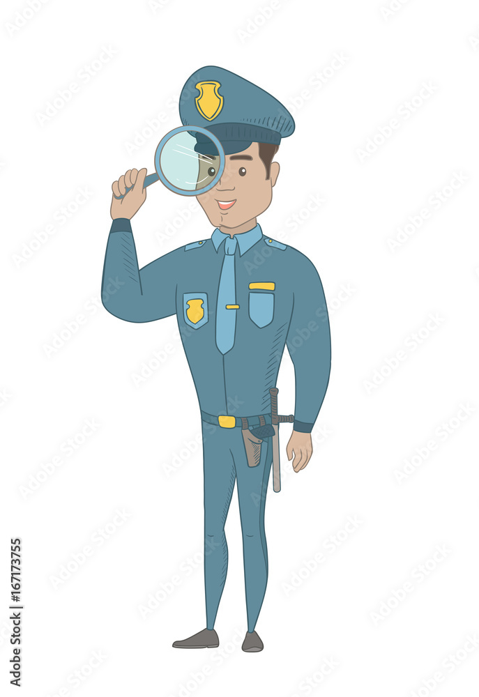 Hispanic detective with a magnifying glass. Young detective and a magnifying glass. Detective looking through a magnifying glass. Vector sketch cartoon illustration isolated on white background.
