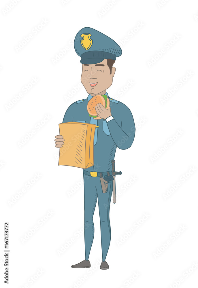 Cheerful hispanic police officer eating hamburger. Full length of young smiling police officer with a hamburger in hand. Vector sketch cartoon illustration isolated on white background.