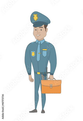 Hispanic policeman holding a briefcase. Full length of young policeman with a briefcase. Widely smiling policeman holding a briefcase. Vector sketch cartoon illustration isolated on white background.