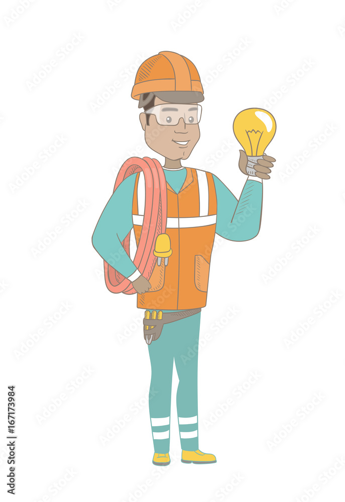 Hispanic electrician holding idea lightbulb. Full length of young builder showing a bright lightbulb. Successful idea concept. Vector sketch cartoon illustration isolated on white background. Hispanic electrician holding idea lightbulb. Full length of young builder showing a bright lightbulb. Successful idea concept. Vector sketch cartoon illustration isolated on white background.