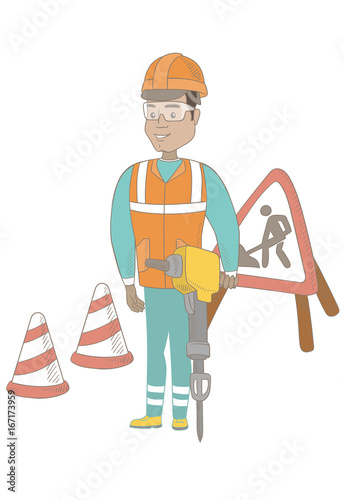 Hispanic builder worker working with pneumatic hammer drill equipment at construction site. Young builder using a pneumatic hammer. Vector sketch cartoon illustration isolated on white background.