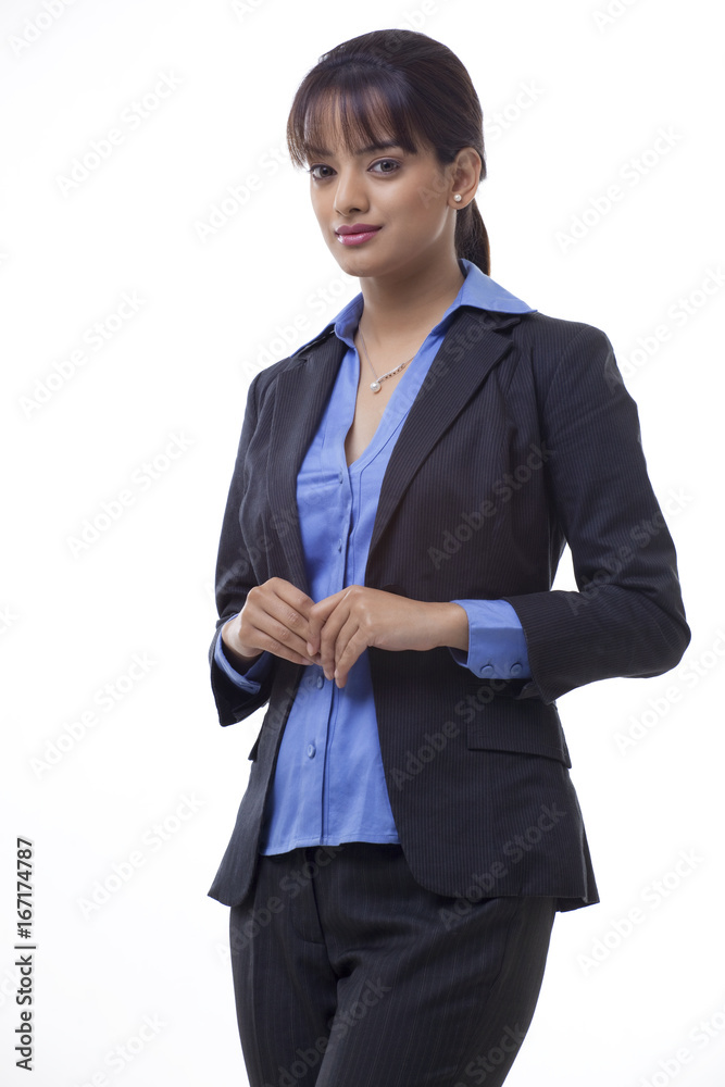 Happy young businesswoman standing isolated over white background Happy young businesswoman standing isolated over white background