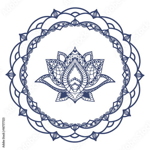 Hand drawn Lotus with mandala. Oriental ornaments for greeting card, invitation, yoga poster, coloring book.