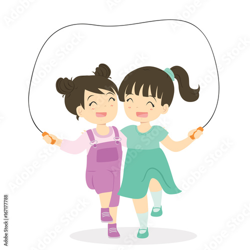 Two girls playing jumping rope while embracing each other cartoon vector