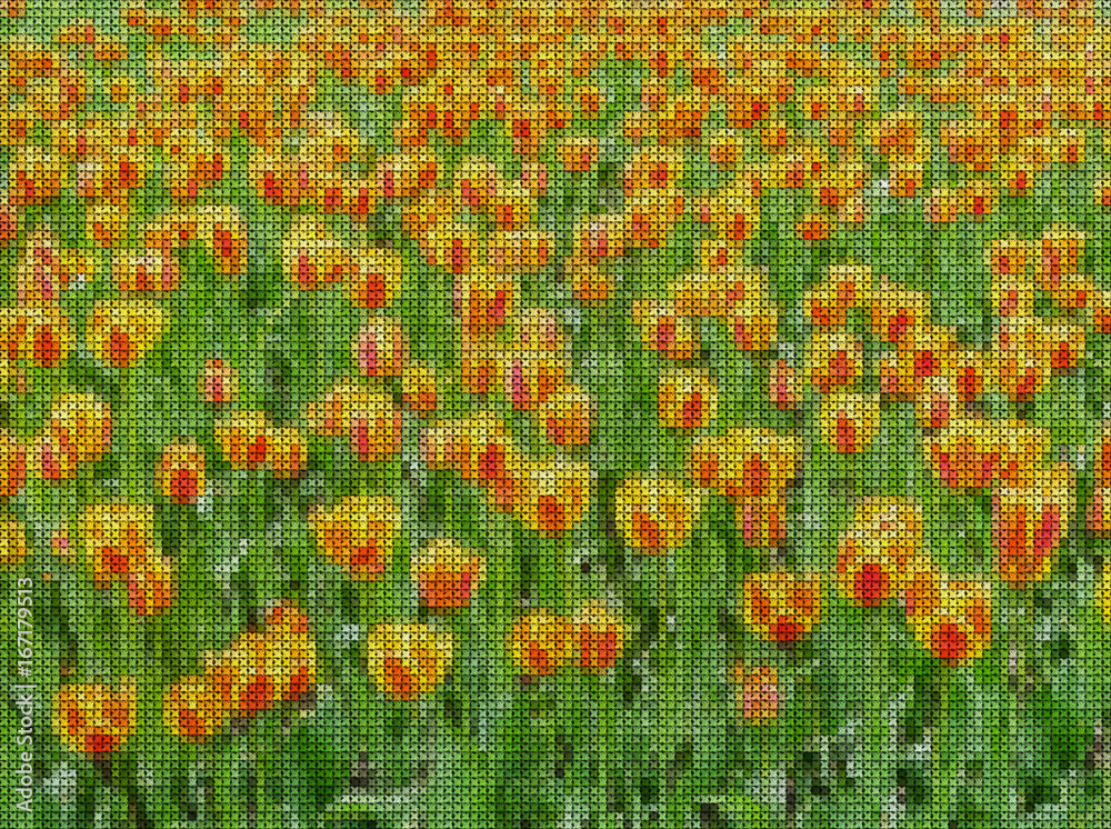 Illustration. Cross stitch. Field  tulips.