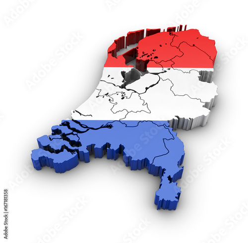 Netherlands Map with a flag and shadow on a white background. 3D rendering.