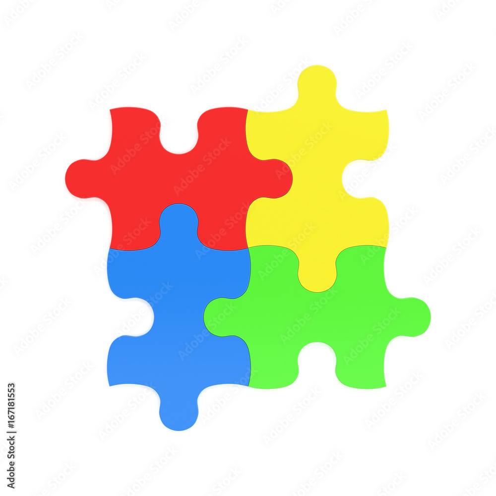 3d rendering of four multicolored puzzle pieces interconnected on white background. 3d rendering of four multicolored puzzle pieces interconnected on white background.