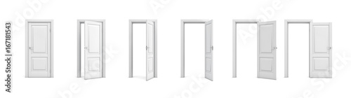 3d rendering set of white wooden doors in different stages of opening. photo
