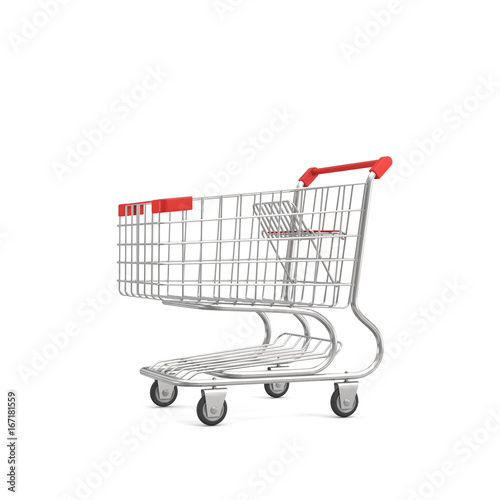 3d rendering of a shopping cart with a red handle isolated on white background.