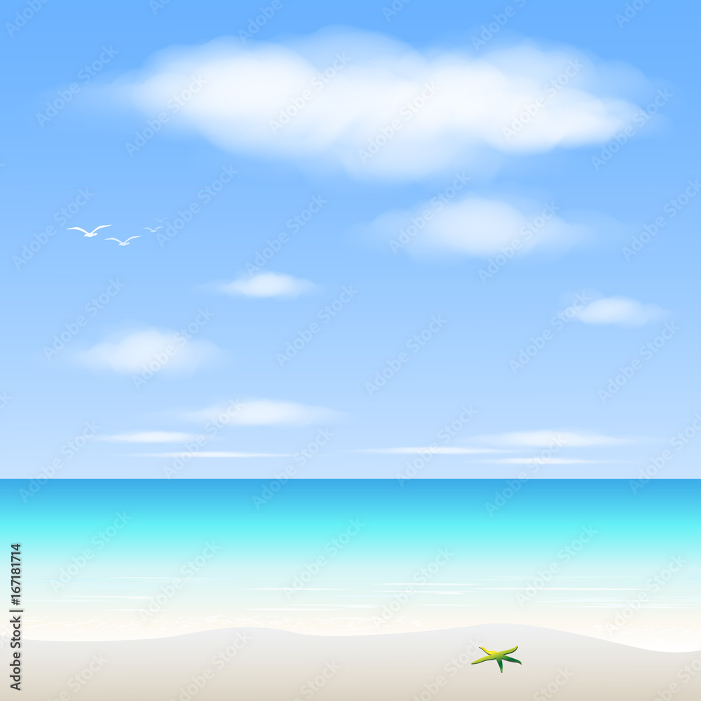 white sand beach and clear water with blue sky background, vector illustration