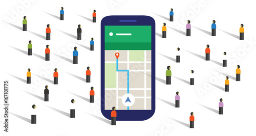 crowd navigation map screen big smart-phone mobile public together direction