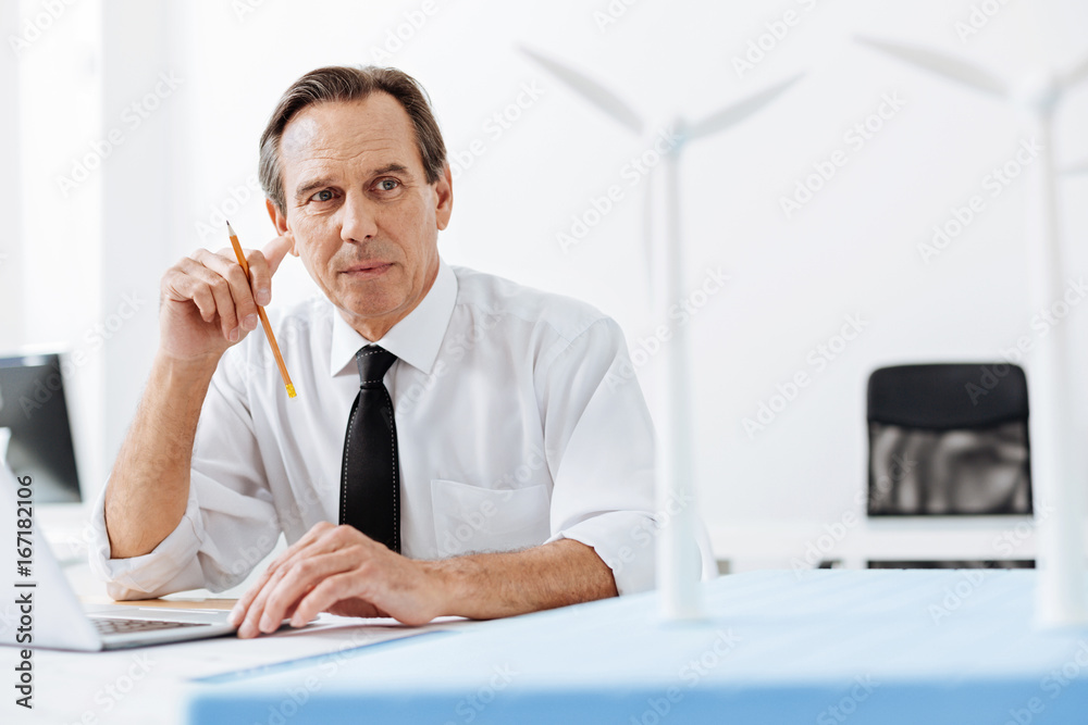 Naklejka premium Handsome engineer looking at wind turbine models
