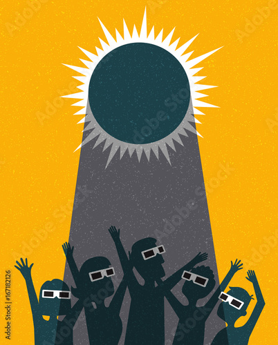People celebrate watching the solar eclipse with protective glasses. poster template, web banner, or card. retro vector illustration.