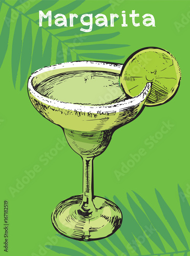 Handmade summer tropical cocktail of palm leaf background. Margarita cocktail.