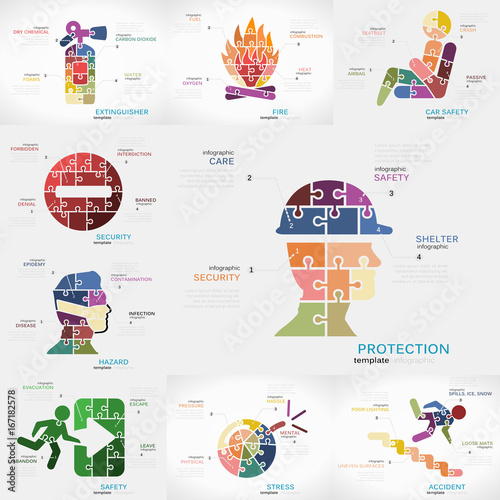 Safety infographics pack with Protection, Extinguisher, Fire, Car Safety, Security, Hazard, Stress, and Accident puzzle illustrations