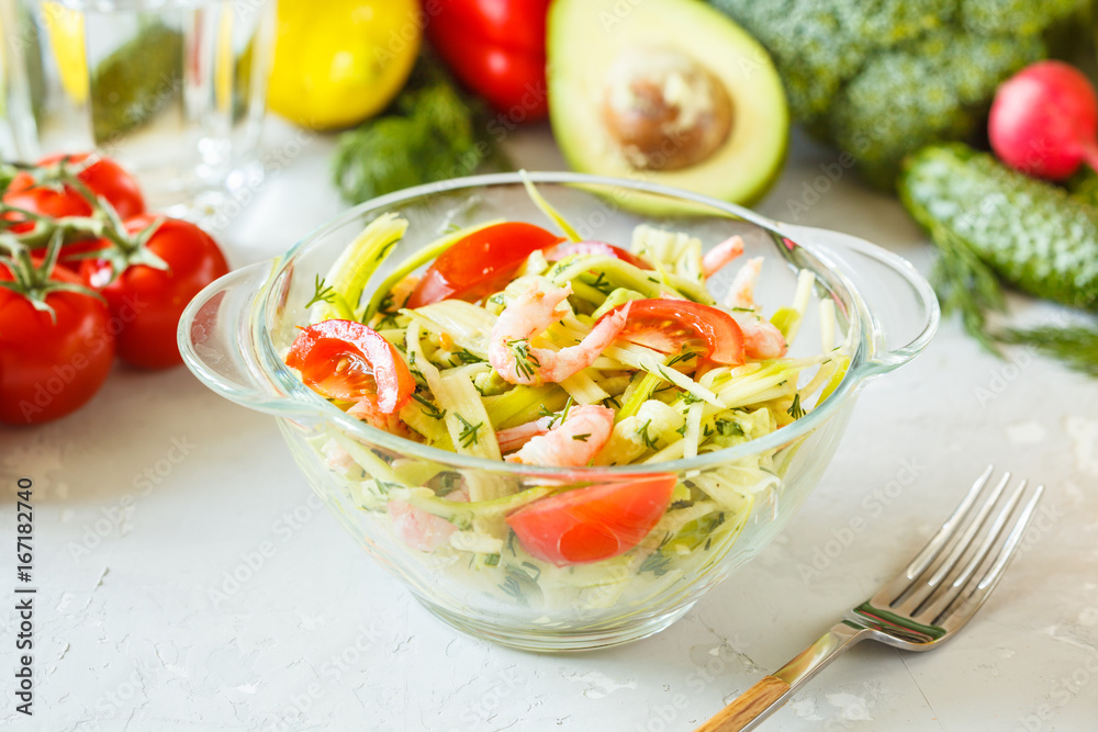Zucchini pasta with shrimps and avocado. Zucchini pasta with shrimps and avocado.